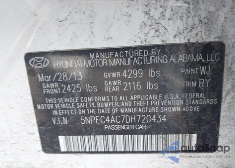 2013 Hyundai Sonata Se z USA, uszkodzony, nr VIN 5NPEC4AC7DH720434